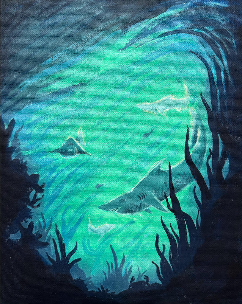 Underwater Playground, 11" x 8", Acrylic on Canvas, 2025